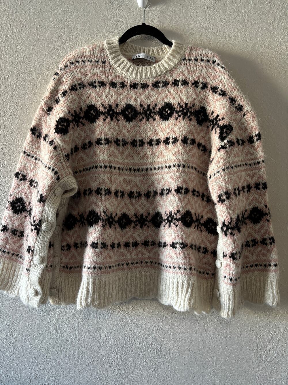 ZARA Jacquard Oversized Knit Sweater Tunic with Buttoned Side Slit XS